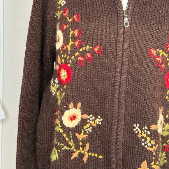 90s Cottage Fairy Embroidered floral Brown Zip up Cardigan - Picture 2 of 4